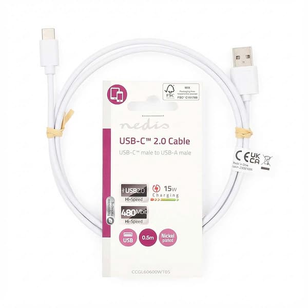 USB-C till USB-A-kabel, 0,5 m, 15 W, 480 Mbps, vit