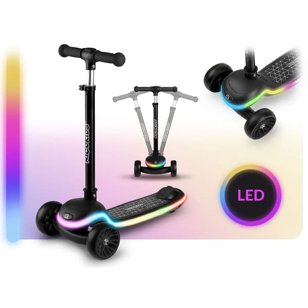 Børns LED-lysende 3-hjulet løbehjul, sort