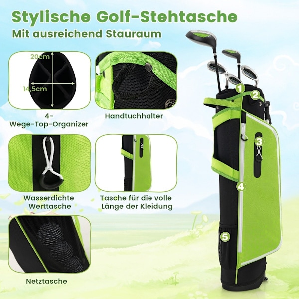 6-delat barngolfklubbset med golfbag och regnskydd för barn i åldern 11-13 år grön