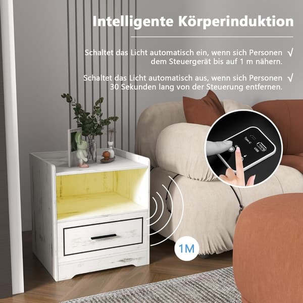 2-delt natbordssæt med LED-lys og USB-oplader