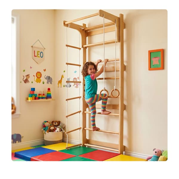 Barnvägg med pull-up-stång, naturträ