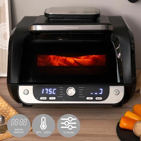 Air Fryer med grill, tillbehör och receptbok InnovaGoods Fryinn 12-i-1 6000 Black Steel 3400 W 6 L
