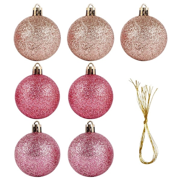 Set med 7 hållbara glittrande rosa julgranskulor