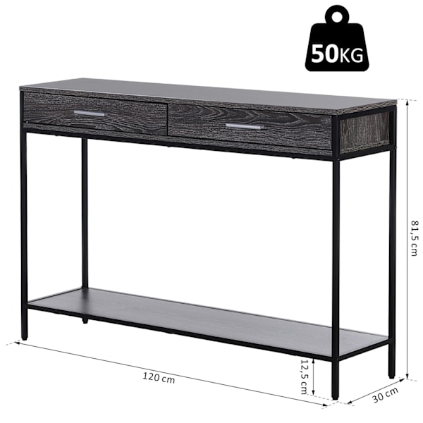 Konsolbord, Indgangsbord, Sidebord, 2 Skuffer, Nederste Hylde, Stål, Grå, 120 X 30 X 81,5 Cm