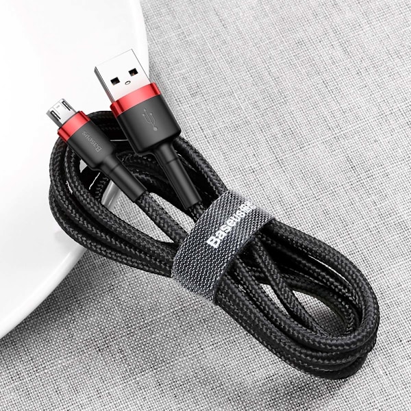 Kestävä joustava kaapeli USB microUSB QC3.0 2.4A 1M musta ja punainen