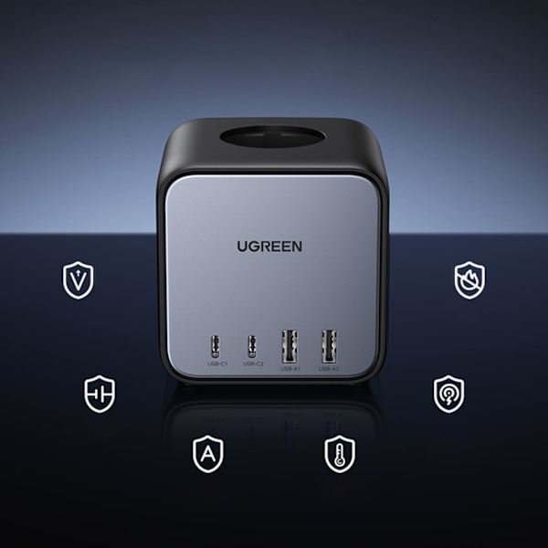 AC 240V GaN jatkojohtolaturi 2x USB-C 2x USB-A 3x AC 240V - musta