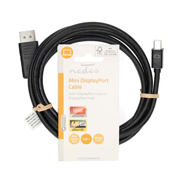 Mini Displayport-kabel | DisplayPort 1.2 | Mini DisplayPort Hane | DisplayPort Hane | 21.6 Gbps | Nickelplaterad | 2.00 m | Rund | PVC | Svart | Label