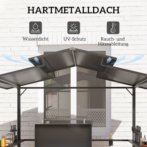 Grillpavillon 250 x 160 x 250 cm vandtæt havepavillon med dobbeltlagstag, sidehylder, lysthus med UV-beskyttelse, BBQ-pavillon, havetelt grilltelt til