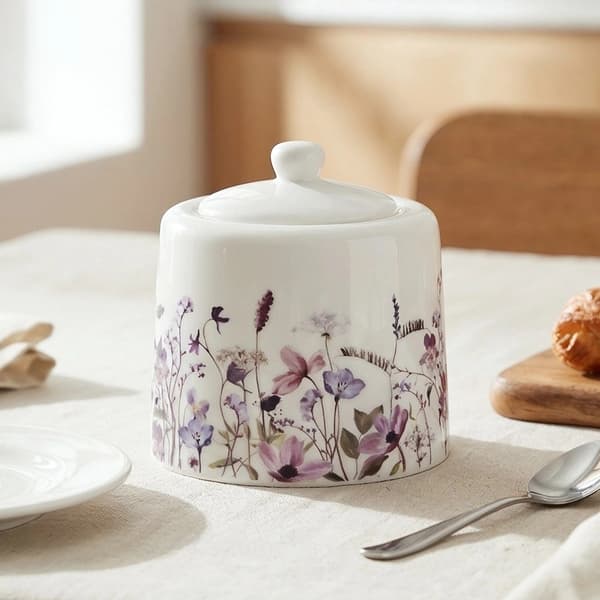 Porslinssockerskål med lock, vildblommig design, 320 ml