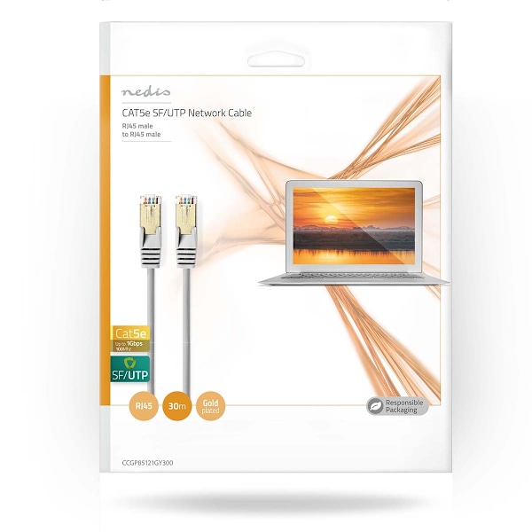 CAT5e verkkokaapeli | SF/UTP | RJ45 uros | RJ45 uros | 30.0 m | Pyöreä | PVC | Harmaa | Muovipussi