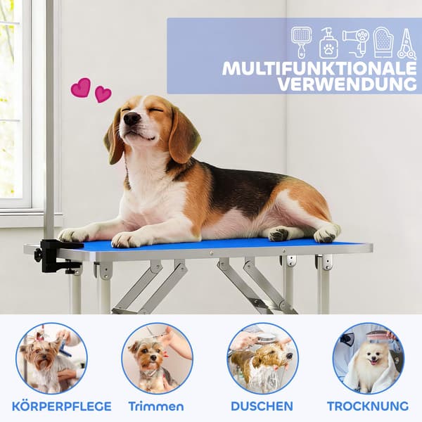Justerbart hopfällbart hundtrimningsbord med blå halkfri yta