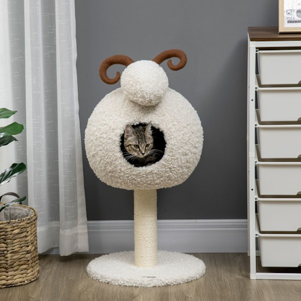 Skrapstolpe, Kattträd Med Kattgrotta, Kattskrapstolpe I Getdesign, Klätterträd Med Sisalrepstolpar, Kattmöbler, Gräddvit, 80 Cm