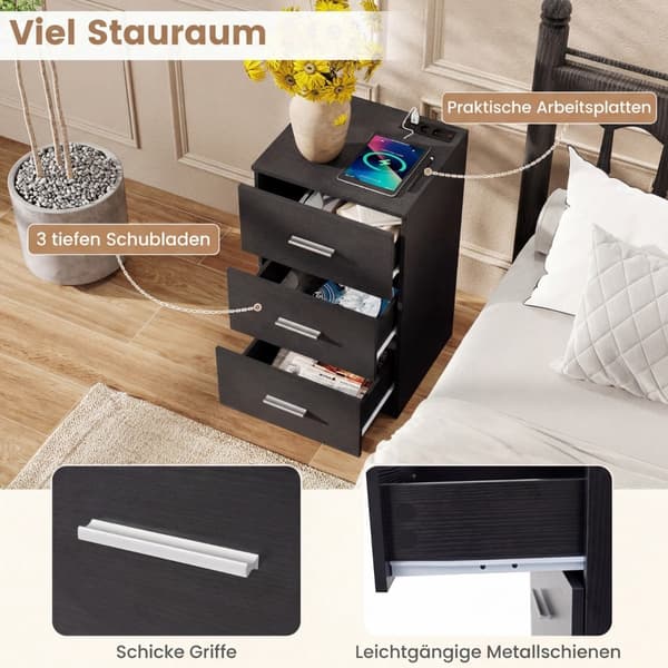 Natbord med ladestation, 3 skuffer, sort
