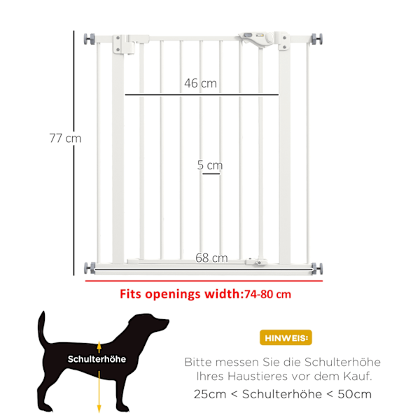 Dörrsäkerhetsgrind för hundar, spärrgrind, 74-80 cm, trappgrind för husdjur, hundgrind, skyddsgrind utan borrning, metall, plast, vit