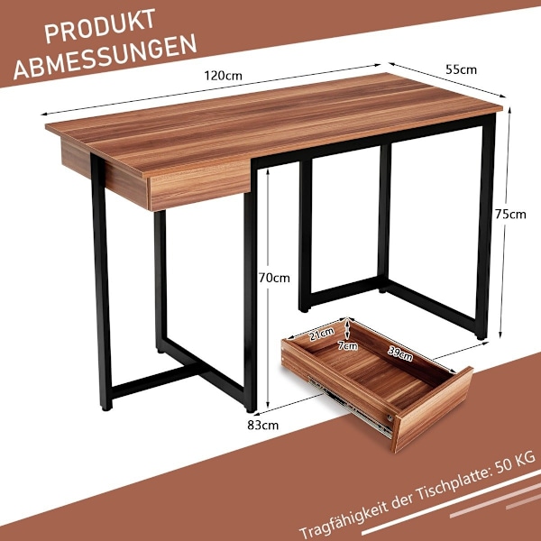 120 cm långt datorbord med låda & justerbara kuddar datorbord valnöt