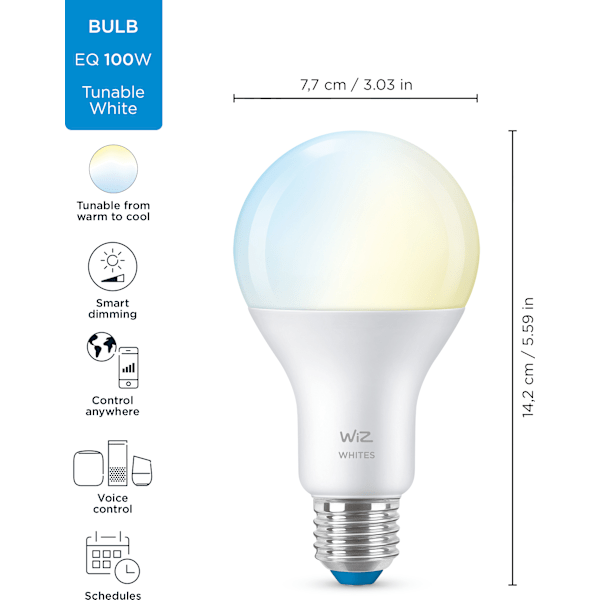 WiZ smart lampe, E27, indstillelig hvid - nuancer af hvidt lys, Wi-Fi, 2700-6500 K, 1521 lm