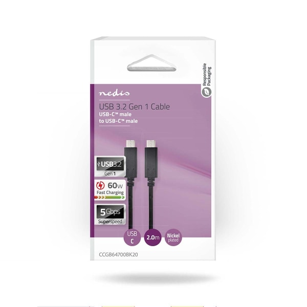 USB kaapeli | USB 3.2 Gen 1 | USB-C™ Uros | USB-C™ Uros | 60 W | 4K@60Hz | 5 Gbps | Niklattu | 2.00 m | Pyöreä | PVC | Musta | Laatikko