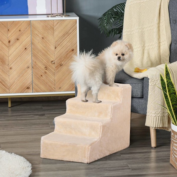Husdjurstrappa 4-stegs hundramp med avtagbart skydd Katttrappa Hundtrappa Djurtrappa Spånskiva Plysch Beige 60 x 35 x 44 cm
