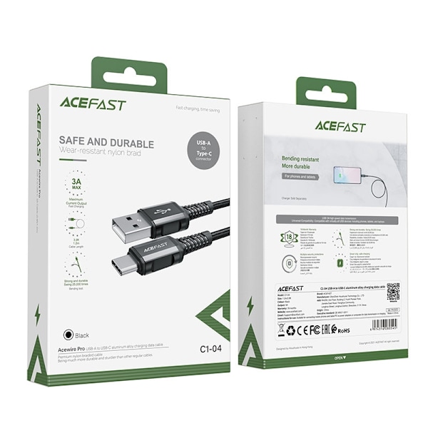 Flätad kabel USB - USB-C 3A 1,2m svart