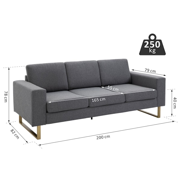 Klädd soffa 3-sits soffa tyg soffa sittplatser TV fåtölj kudde armstöd linne mörkgrå 200 x 82 x 78 cm