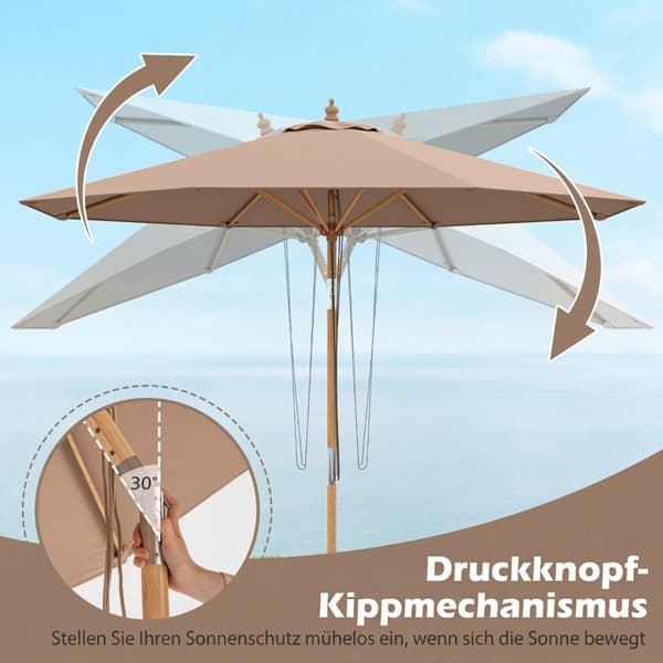 270 cm terrasseparasol, bambus, justerbar vippefunktion, khaki