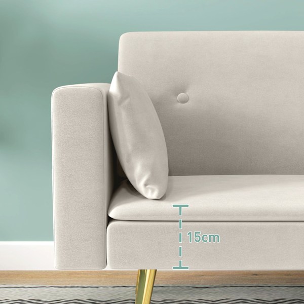 Bäddsoffa, bäddsoffa med justerbart ryggstöd, sidoficka, vadderad 2-sits soffa med sovfunktion, kuddar, för vardagsrum, sovrum, beige