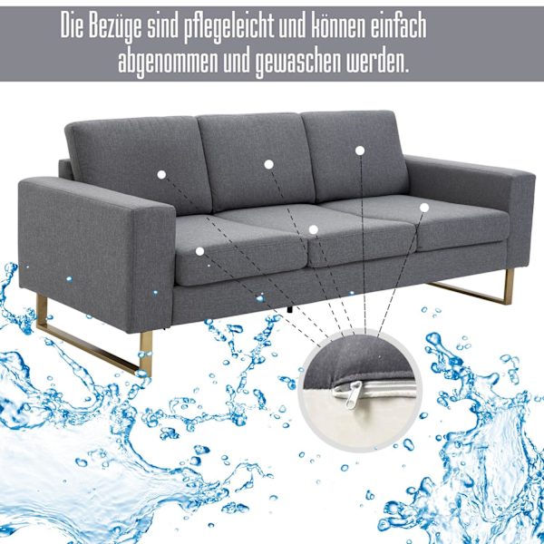Klädd soffa 3-sits soffa tyg soffa sittplatser TV fåtölj kudde armstöd linne mörkgrå 200 x 82 x 78 cm