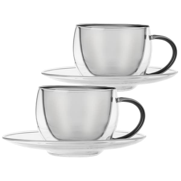 Set med två dubbelväggiga koppar och fat, 90 ml för espresso
