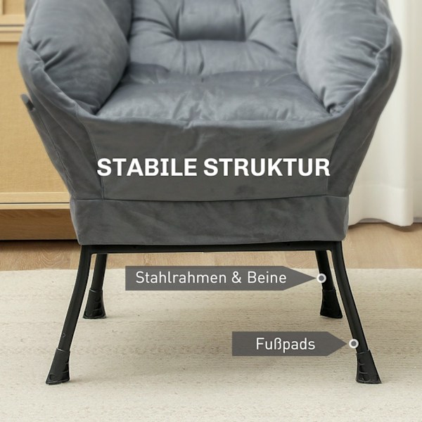 Fåtölj Vardagsrum Loungestol Klädd avkopplingsstol med sidoficka Stålben Klädd stol med sammetslook Enkelstol för sovrum Grå Aosom