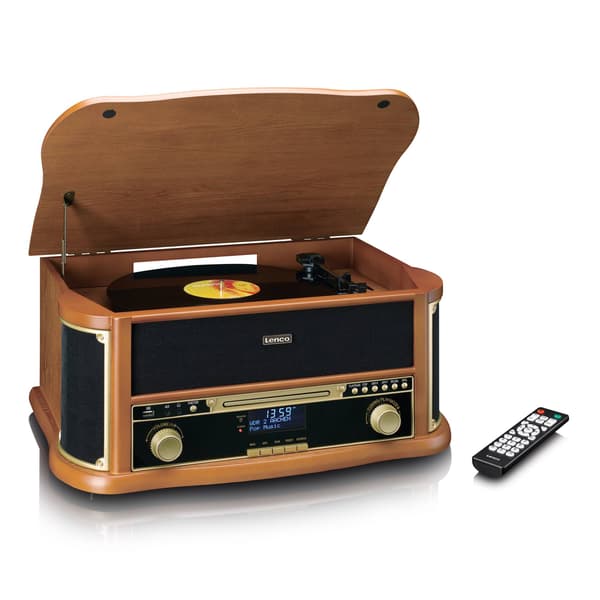 Puinen retrolevysoitin Bluetoothilla, CD-soittimella, kasetilla