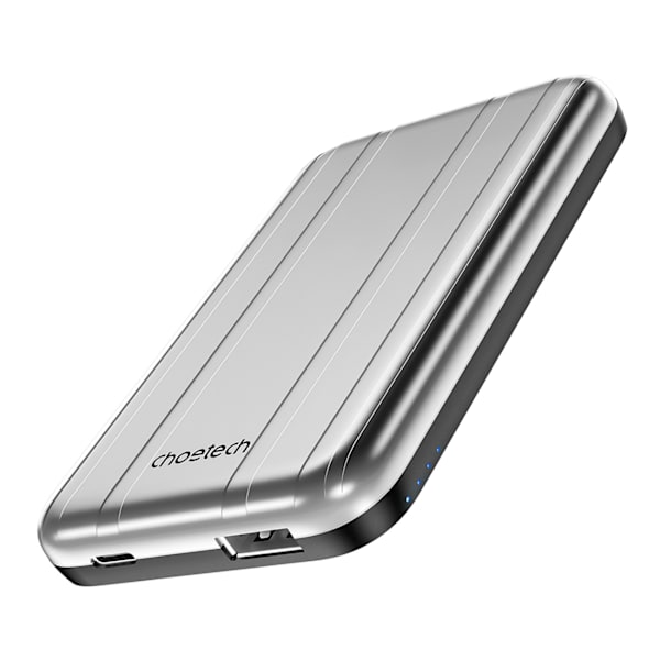 Liten lätt induktionsströmbank 5000mAh MagSafe USB-A USB-C silver