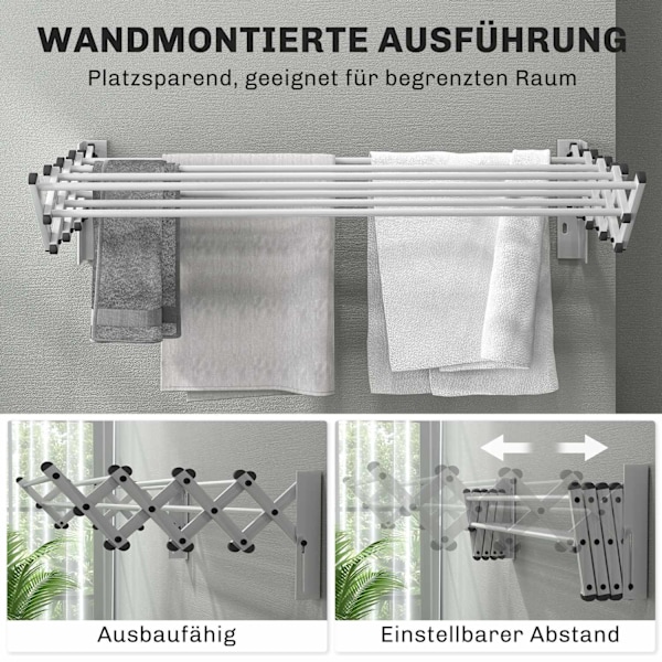 Kläder Airer Wall Utdragbar Klädtork Väggmonterad med 8 aluminiumstänger, platsbesparande torkställning för inom- och utomhusbruk 86 x 61 x 22 cm, Sil