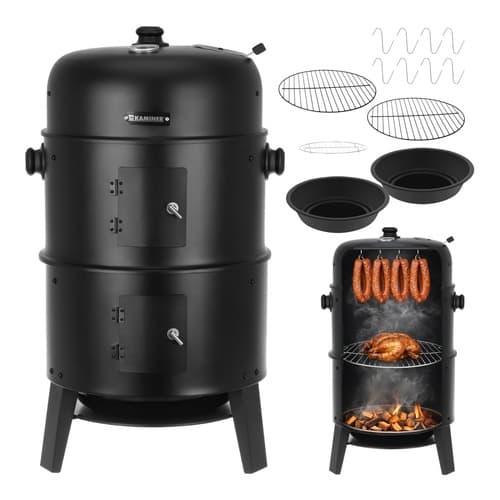 Trädgårdsgrill med kolgrill, rökare, termometer och lock