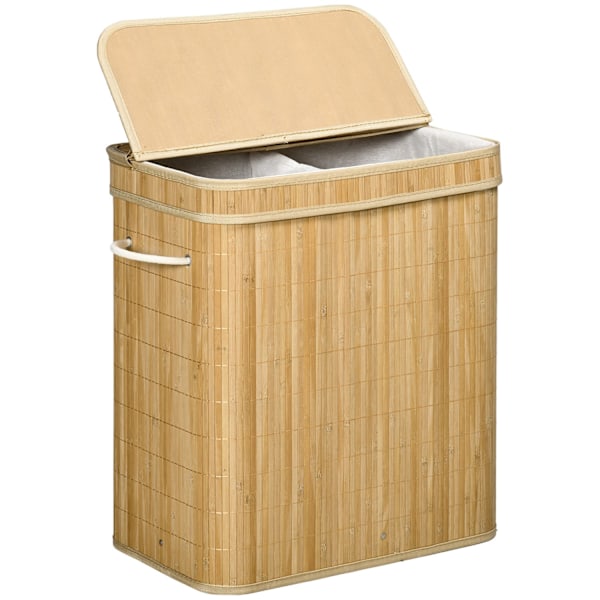 Bambuinen pyykkikori kannella ja kahvoilla, tilavuus 90 litraa, 2 osaa ja irrotettava kangaskassi - 54,2 x 35,2 x 59,5 cm