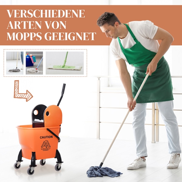 Städvagn, städvagn med vridare, 26 liters städhink, mobil hink, torkvagn, krok för mopp, hushållsvagn med 4 hjul, orange