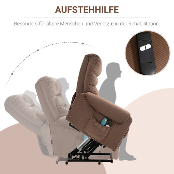 TV-lænestol, elektrisk ståstol med massagefunktion, fjernbetjening, varme, liggefunktion, polyester, lysebrun, 79x97x103cm