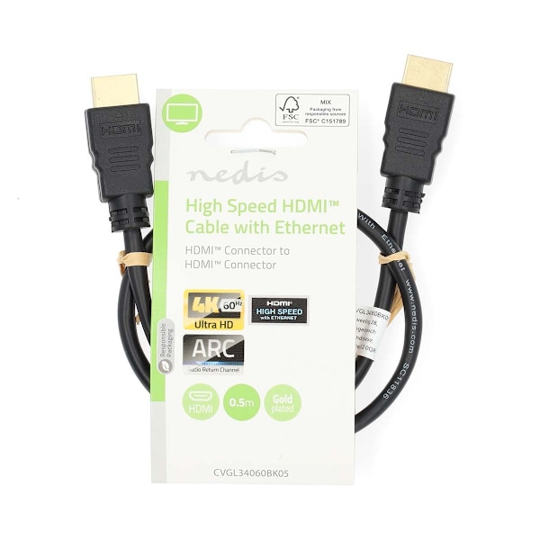 High Speed ​​HDMI ™ kabel med Ethernet | HDMI™ Kontakt | HDMI™ Kontakt | 4K@60Hz | ARC | 18 Gbps | 0.50 m | Rund | PVC | Svart | Label