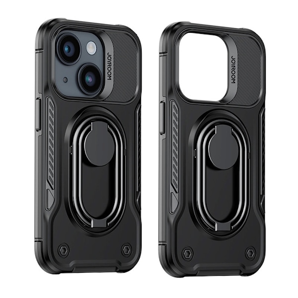 Taske til iPhone 14, pansret cover med stativ og ringholder, sort