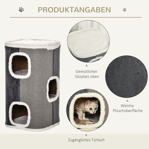 Kattetræ-Kradsefad Med 3 Niveauer, Spånplade, Fløjlsblød Polyester, Sisal, Grå + Hvid, 40X40X74Cm