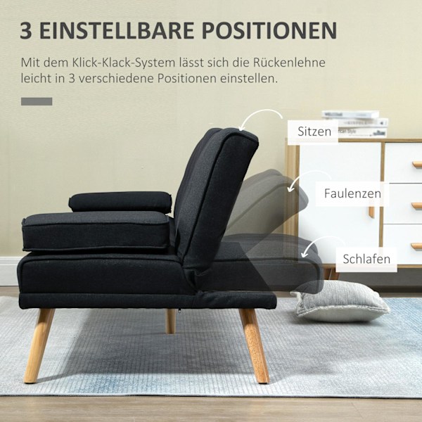 Sovesofa, 3-personers sovesofa med klapbord, kopholder, sengesofa med hørlook, i Scandi design, bæreevne op til 250 kg, til stue, grå