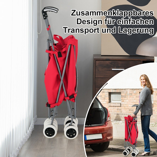 Taitettava ostoskärry pyörillä Tilavuus 90L/55kg käsikärry irrotettavalla Oxford Bag Red