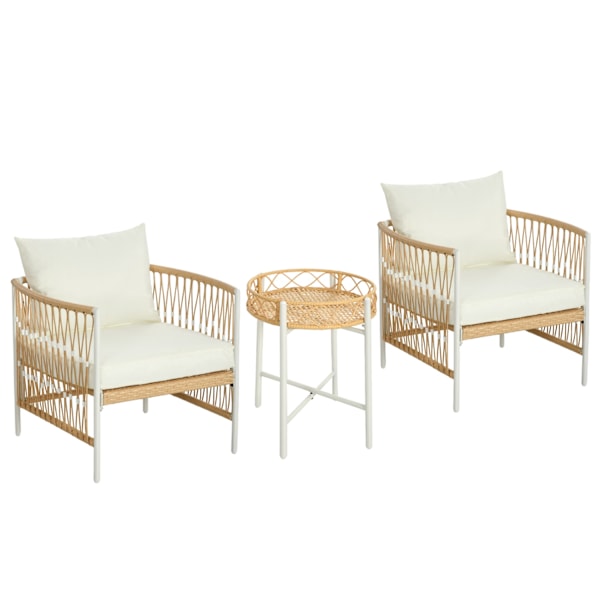 Sæt med 3 havemøbelsæt i rattan med 2 havestole og sofabord, altanmøbler med hynder, til altan og terrasse, gul og creme