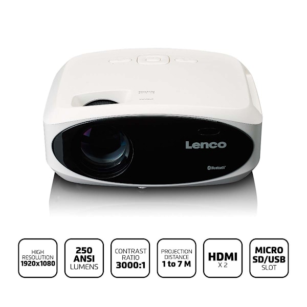 Full HD 1080P LCD-projektor med Bluetooth White Sort, Hvid
