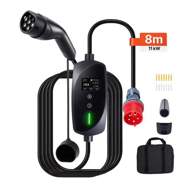 Type 2 bærbar elbilsoplader 11 kW 16A, 8 m kabel