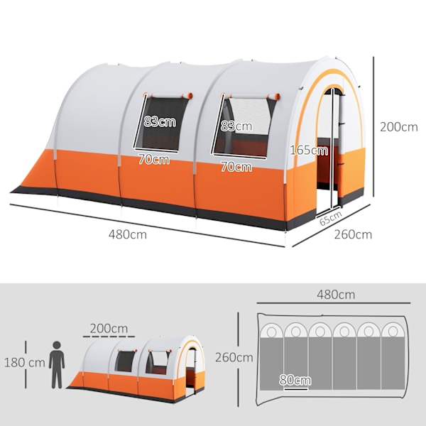 Tunneltält, campingtält för 6 personer, med 2 rum, ljuskrok, grupptält med bärväska, 3000mm vattenavvisande familjetält, för trädgård, camping, krämvi