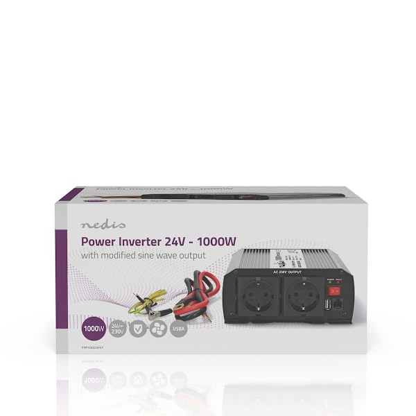Växelriktare med modifierad sinusvåg | Inspänning: 24 V DC | Enhetens utgångsanslutning: Type F (CEE 7/3) / USB-A | 230 V AC 50 Hz | 1000 W | Toppeffe