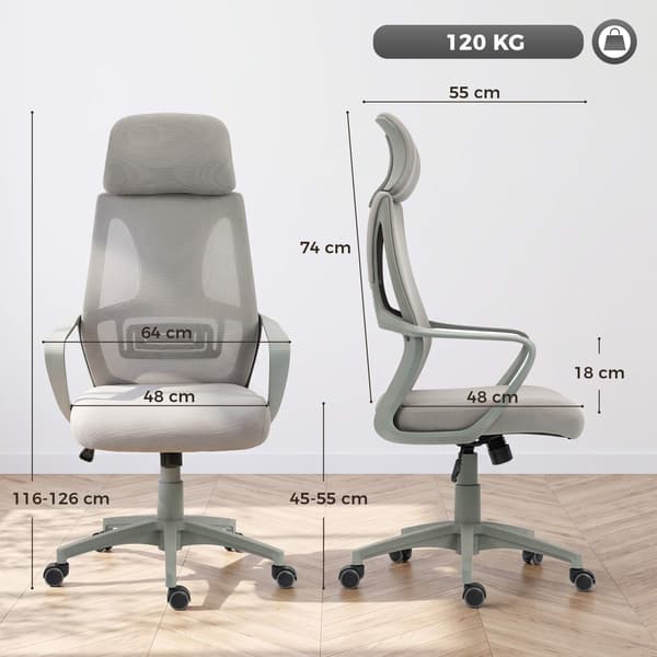 Ergonomisk kontorsstol, justerbar höjd med nackstöd, grå