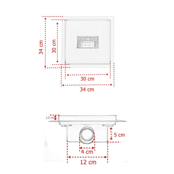 Kvadratisk golvbrunn för dusch, 30x30 cm