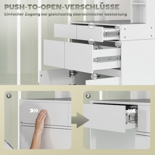 Pesupöytä kosmetiikkapöytä peilillä, push-to-open mekanismit, monipuoliset kiinnitysvaihtoehdot, peilipöytä 4 laatikolla, 3 avohyllyä ja 2 kaappia, va