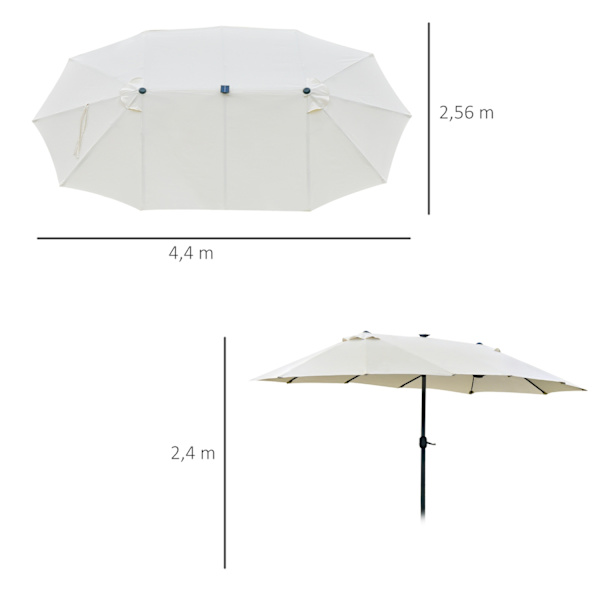 Sateenvarjo Led-Kaksoisvarjolla 440 X 260 Cm Puutarhasateenvarjo Market Sateenvarjo Suuri Patiosateenvarjo Käsikammalla Soikea Metallinen Kermanvalkoi